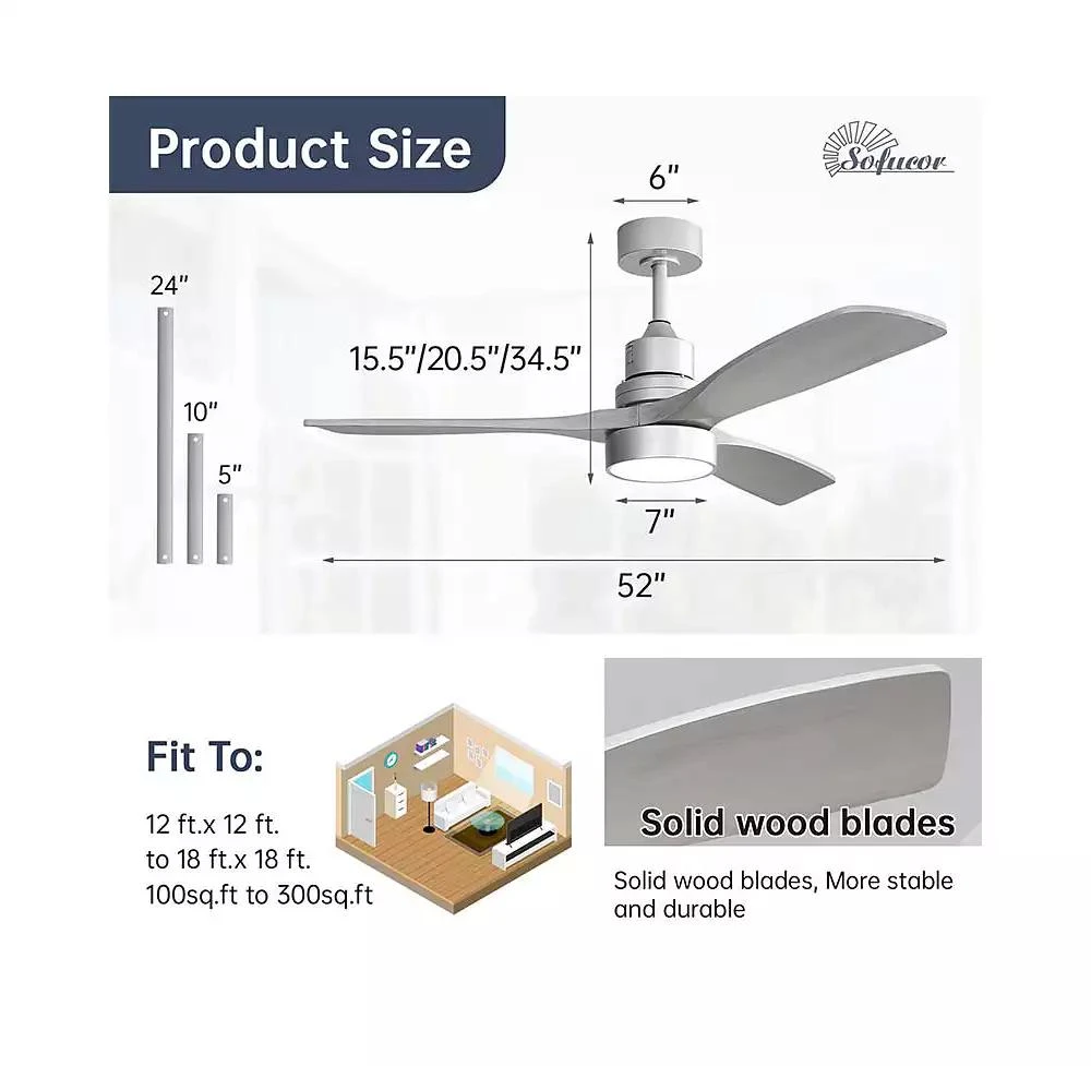 Sofucor 52-inch Modern 3 Blades 3 color Dimmable and Memory Function Light and Remote control Ceiling Fan 6