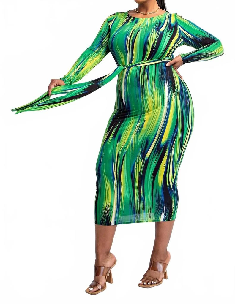 The Curve LA Plus Size Long Sleeve Midi Dress With Self-Tie Belt In Green Multi 5