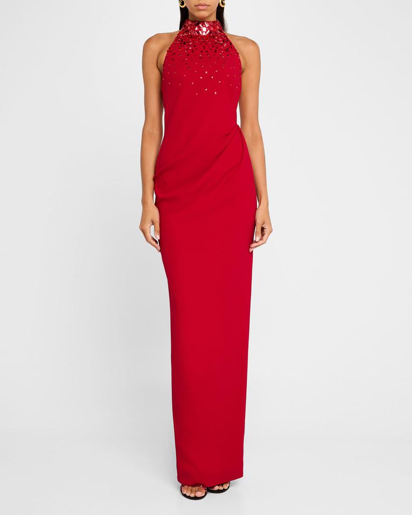 Pamella Roland Crystal Halter Crepe Gown
