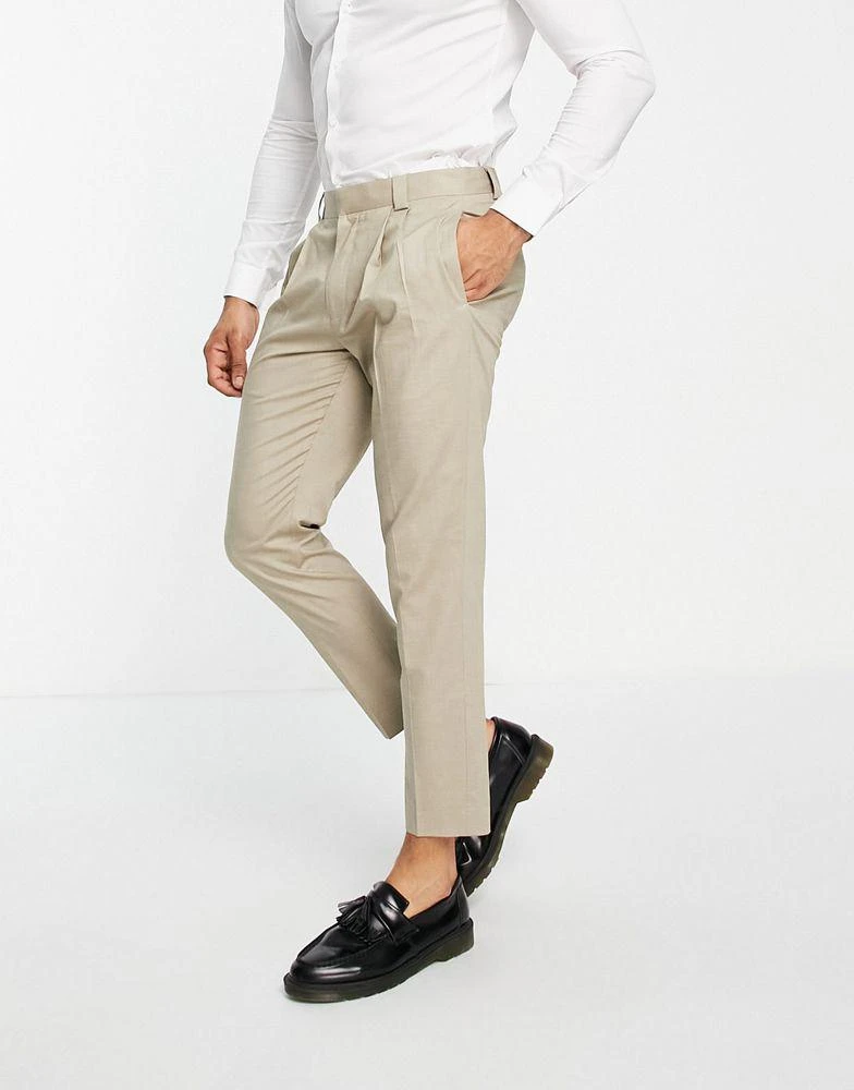 Topman Topman linen blend mix tapered trousers in stone 1