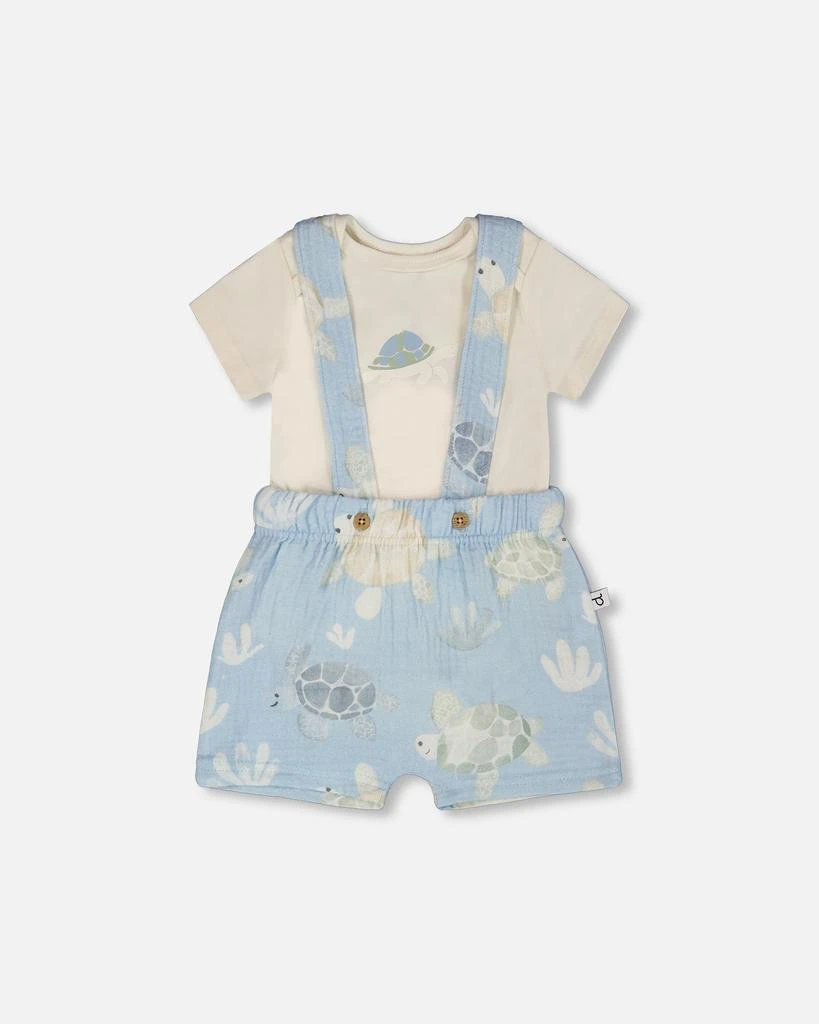 Deux par Deux Organic Cotton Jersey Onesie and Muslin Shortall Set White and Blue Turtle Print