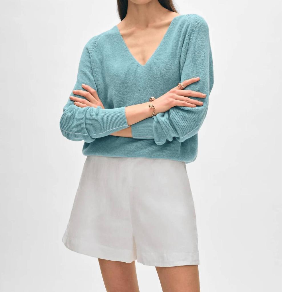 White + Warren Cotton Blend Tipped V-Neck In Soft Aqua