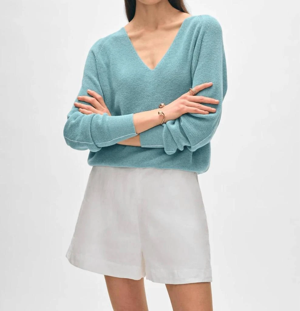 White + Warren Cotton Blend Tipped V-Neck In Soft Aqua 1