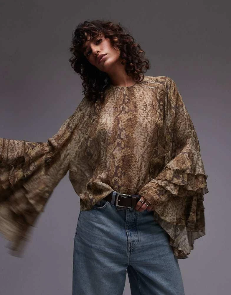 Mango Mango snake print ruffle sleeve blouse in brown 1