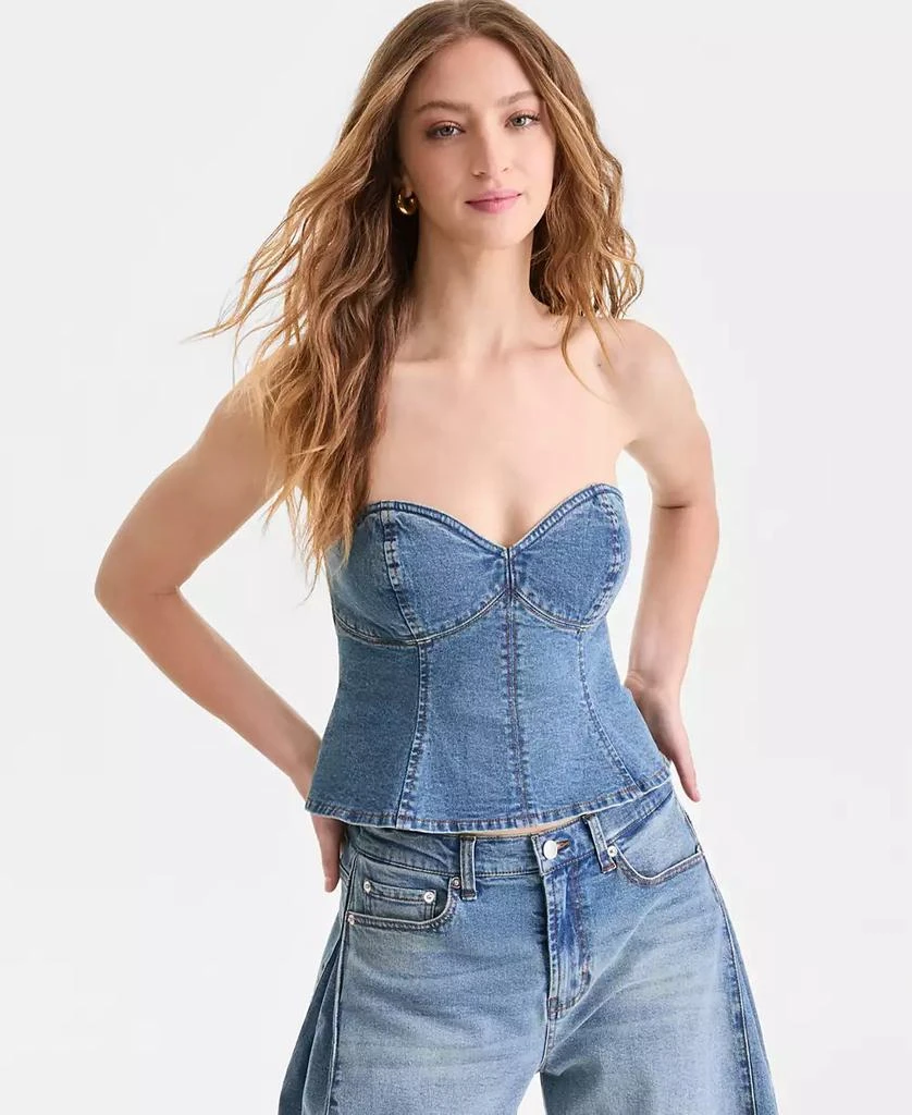Bar III Women
s Denim Strapless Peplum Corset Top, Macy
s Exclusive