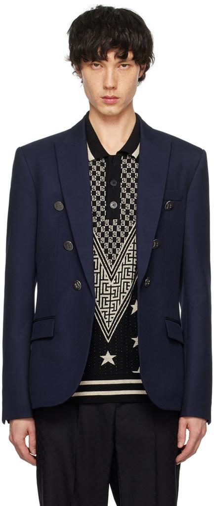 Balmain Navy Peaked Lapel Blazer