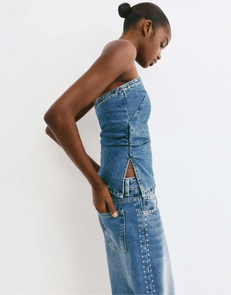 Pull&Bear Pull&Bear Corsetry-inspired denim top with studs in medium blue -  Earrings - BeyondStyle