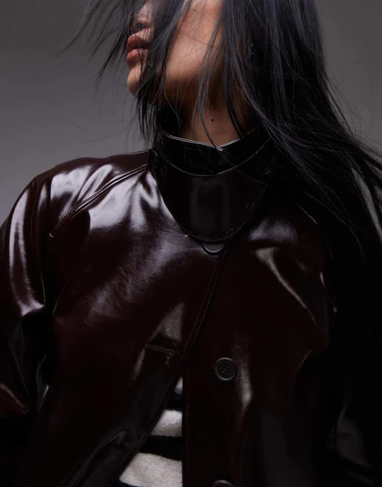 Topshop Topshop longline oversized high shine faux leather trench coat in burgundy 3