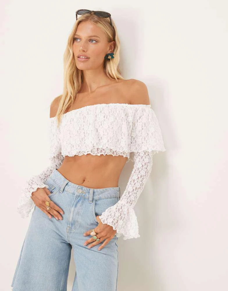 ASOS ASOS DESIGN bardot long sleeve lace crop top with ruffle details in ivory 1