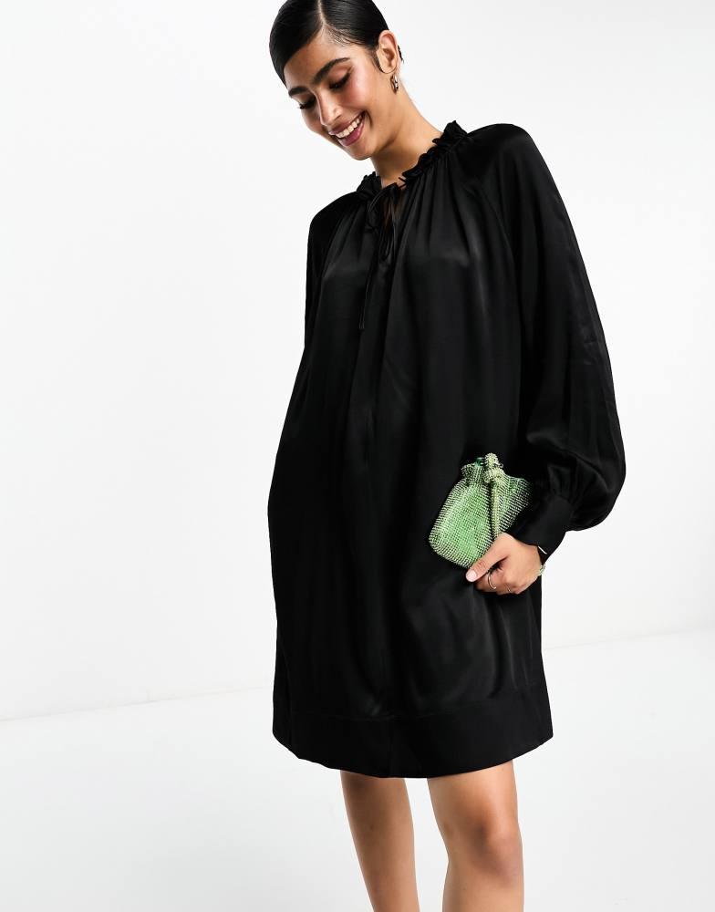 & Other Stories & Other Stories frill neck long sleeve satin dress in black