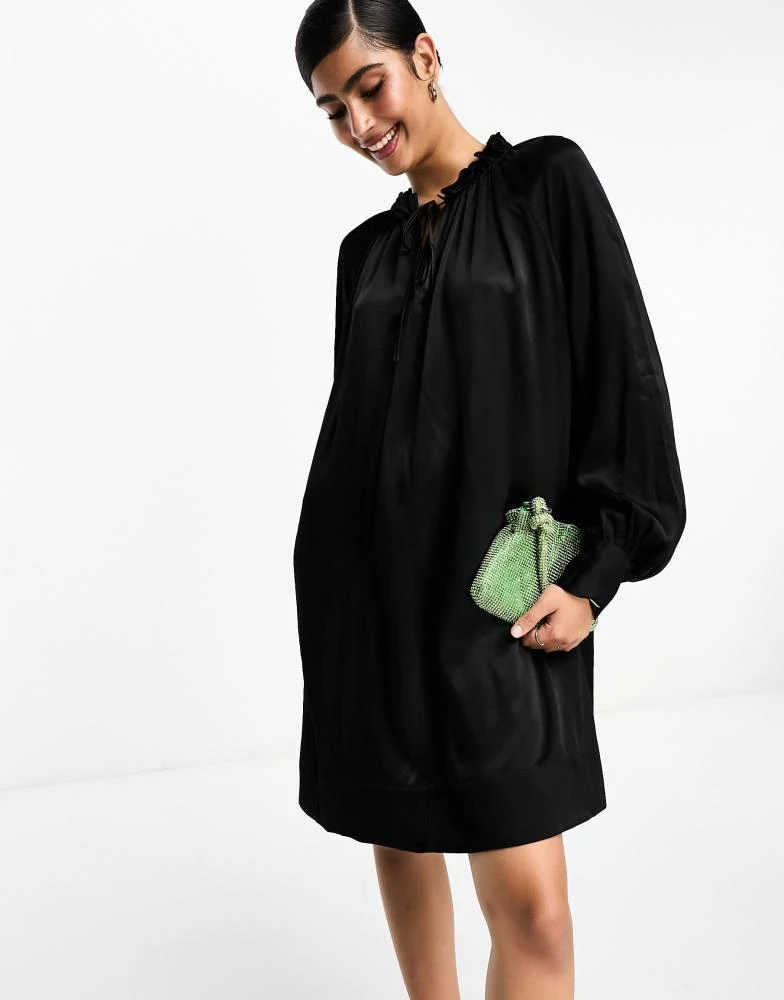 & Other Stories & Other Stories frill neck long sleeve satin dress in black 1