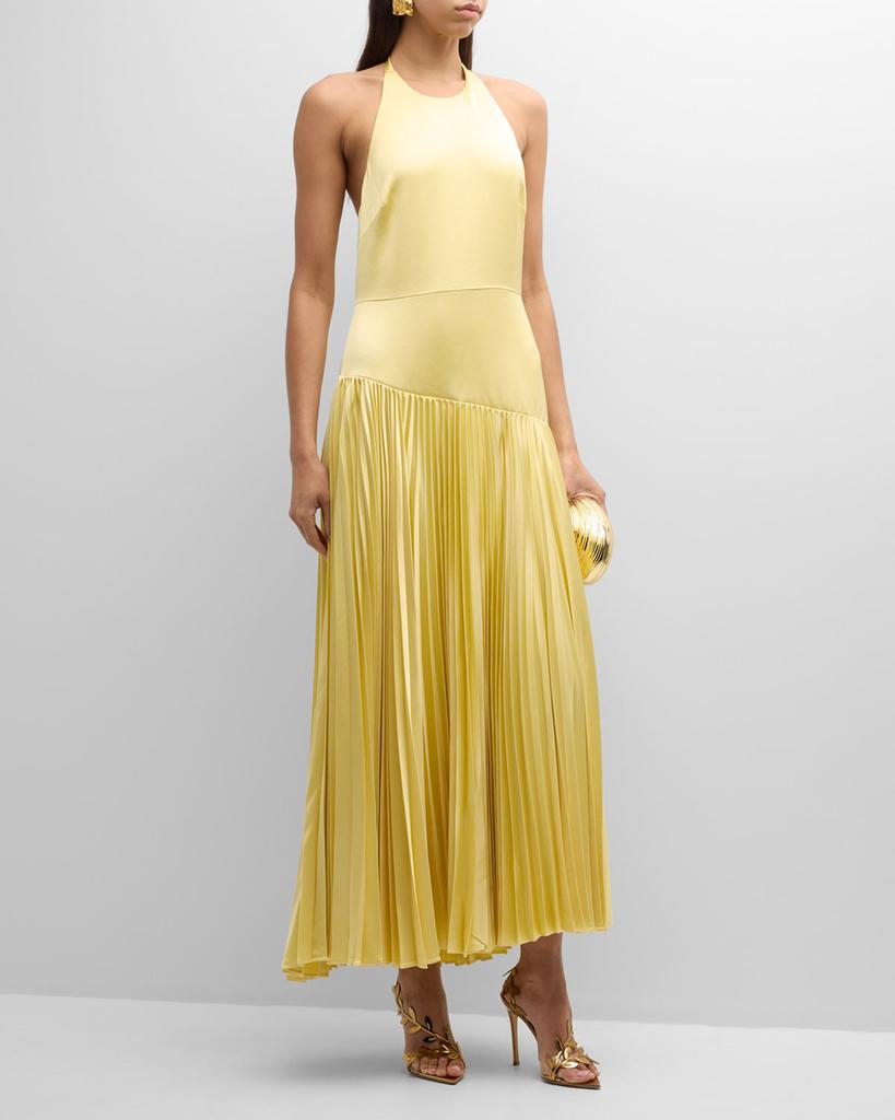 Alexis Saab Pleated Satin Backless Halter Dress