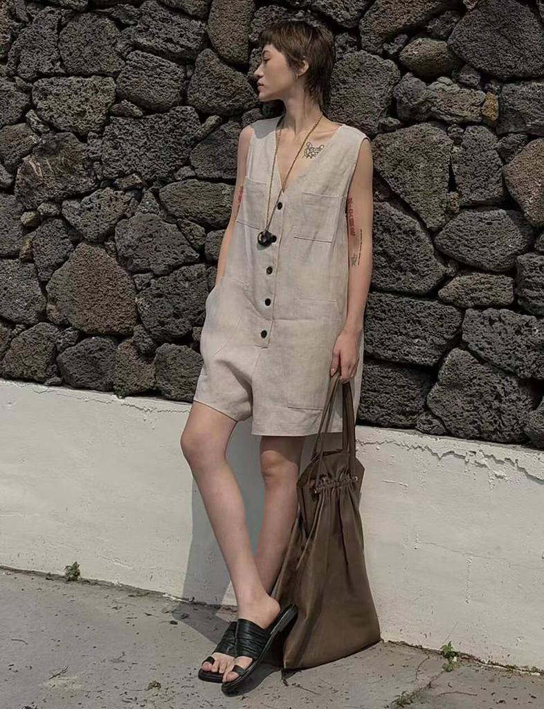 Pixie Market Linen Button Romper-PREORDER