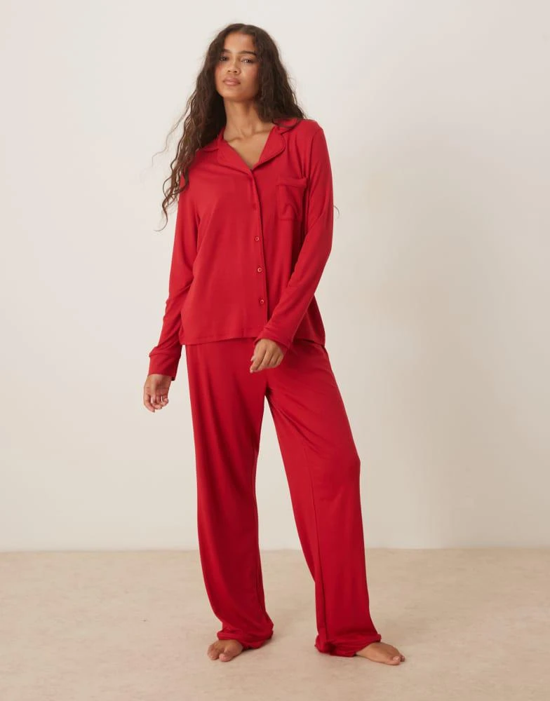 ASOS ASOS DESIGN super soft long sleeve shirt 
trouser pyjama set in red