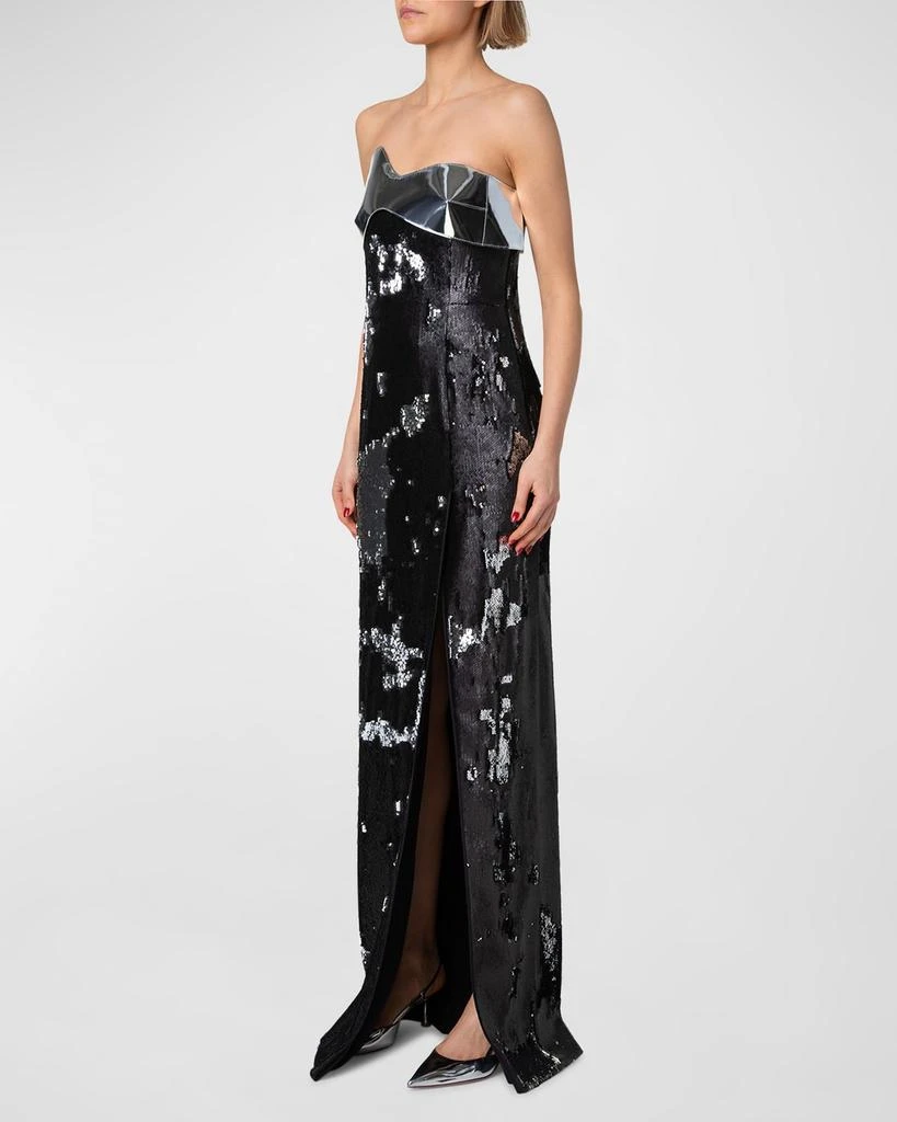 Akris Leather-Wave Strapless Bicolor Sequined Slit Gown 3