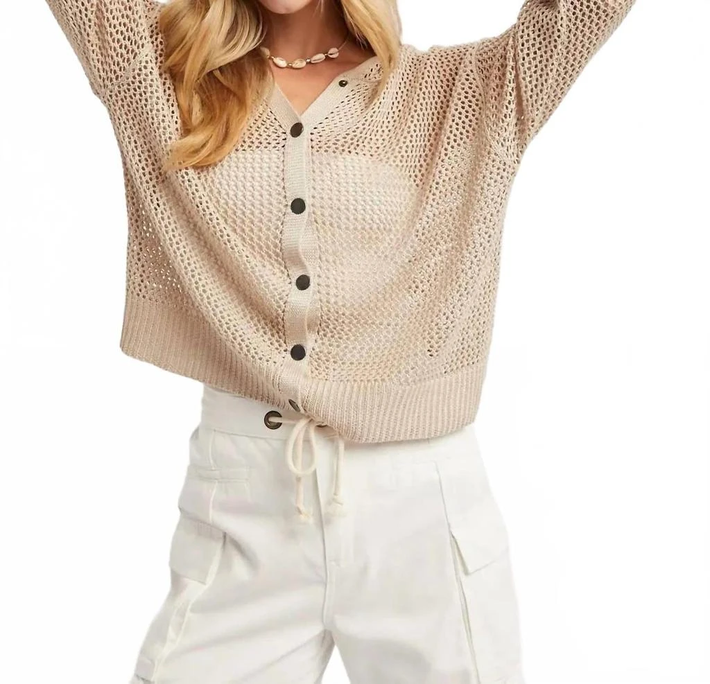 WISHLIST Open-Knit Button-Up Hooded Sweater In Beige
