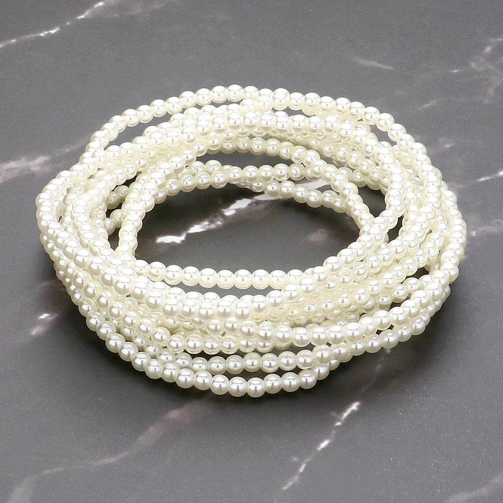 FASHNZFAB 10PCS - Pearl Beaded Stretch Multi Layered Bracelets Cream
