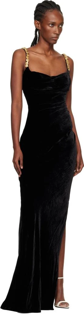 Balmain Black Embroidered Button Velvet Slit Maxi Dress 4