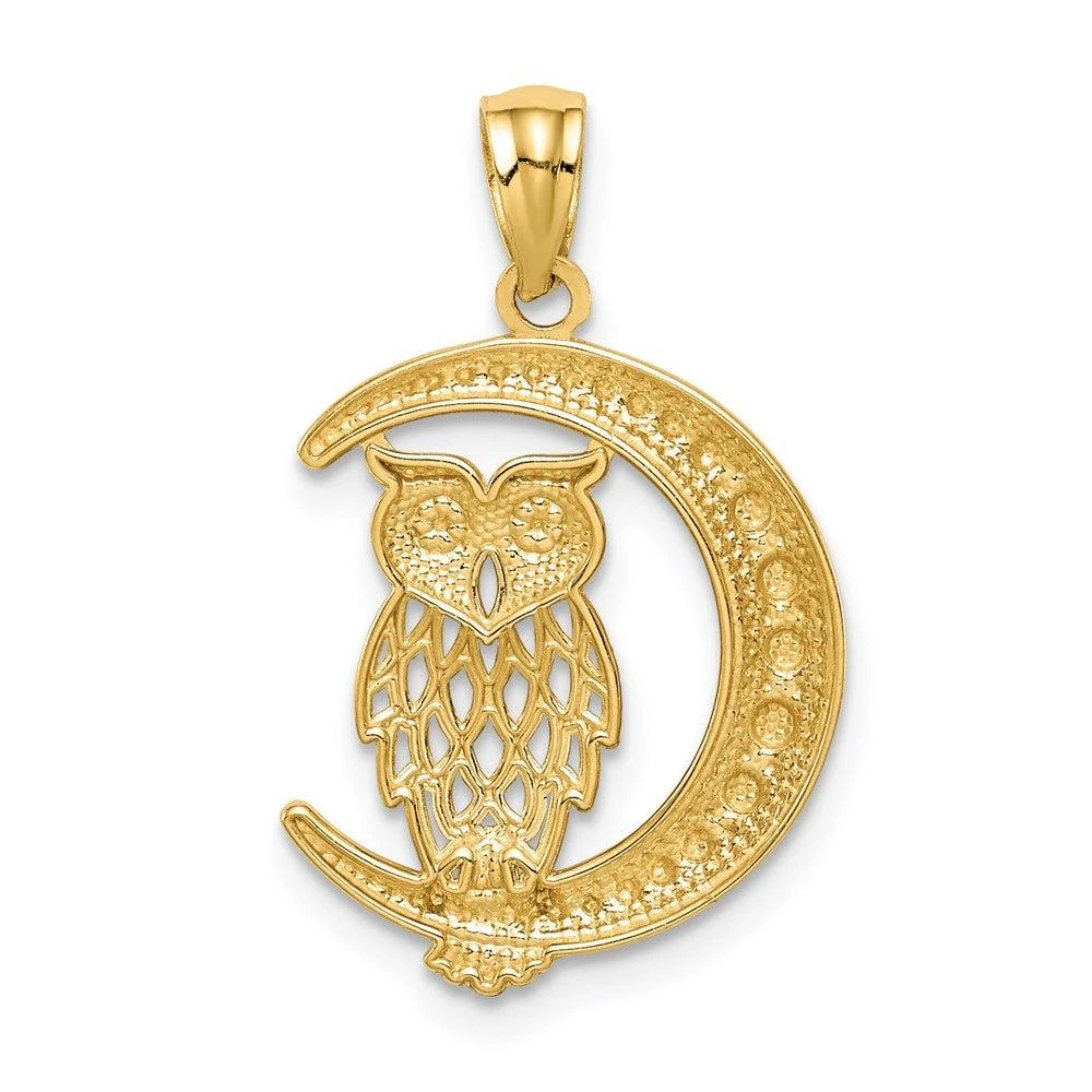 Diamond2Deal 14k Yellow Gold and White Rhodium Diamond-cut Owl on the Moon Pendant 3