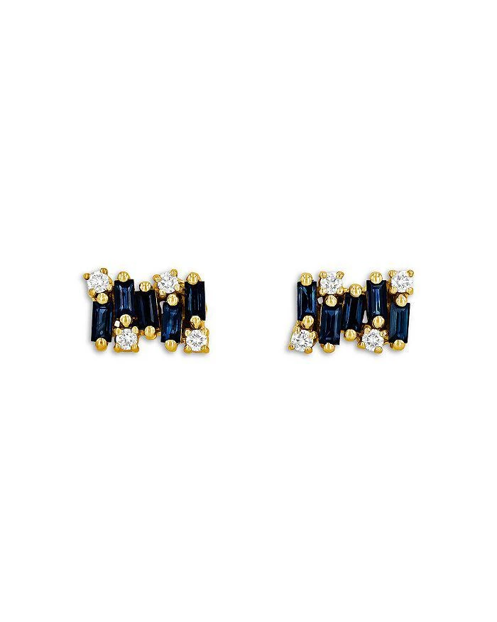 Suzanne Kalan 18K Yellow Gold Shimmer Blue Sapphire 
Diamond Baguette Cluster Stud Earrings