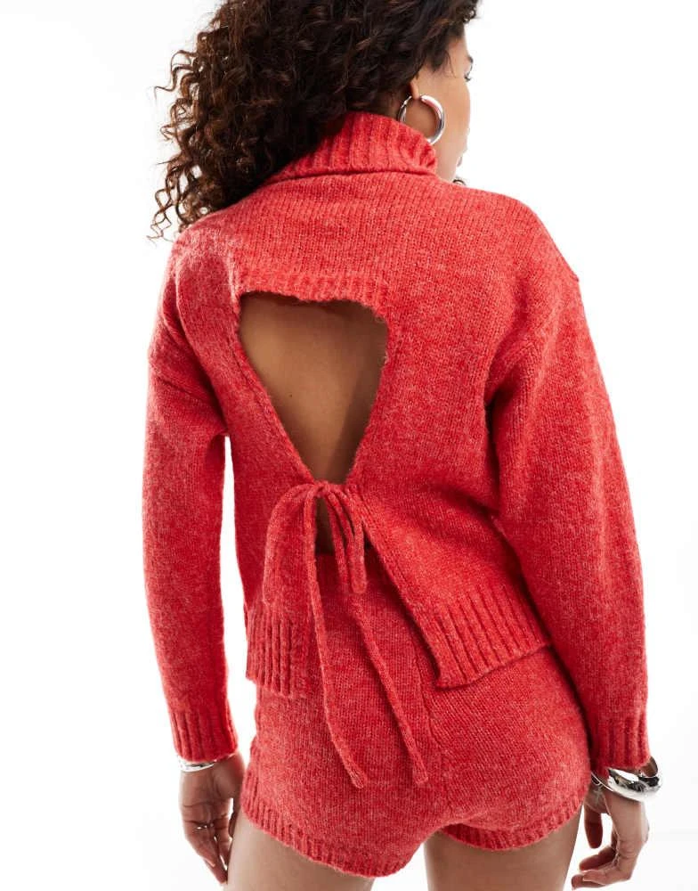 Kiss The Sky Kiss The Sky open back turtleneck jumper with bow in red 4
