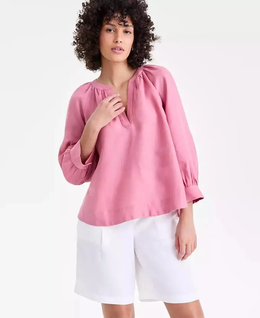 Charter Club Women's 100% Linen Split-Neck 3/4-Sleeve Blouse, Macy's Exclusive