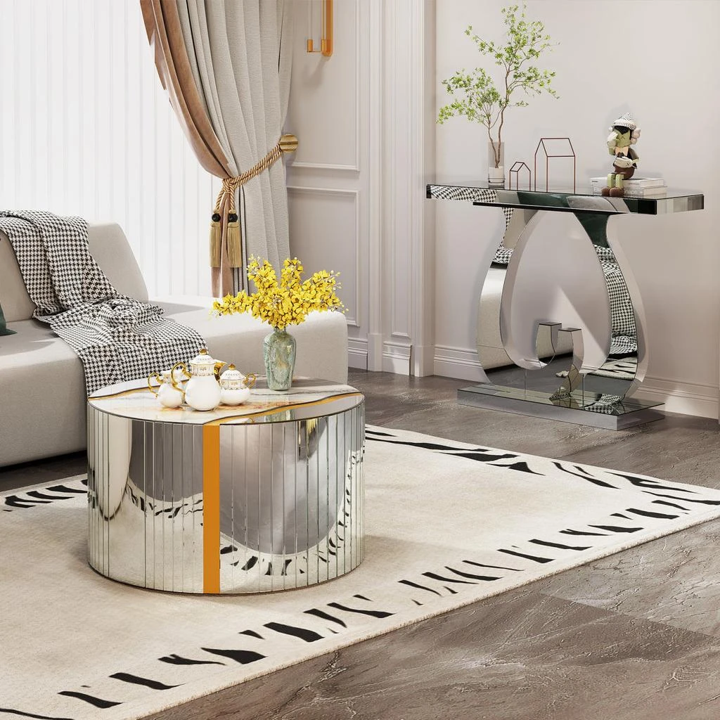 Streamdale Furniture Streamdale White Marble Round Coffee Table with Silver Mirror 
Gold Dust Finish