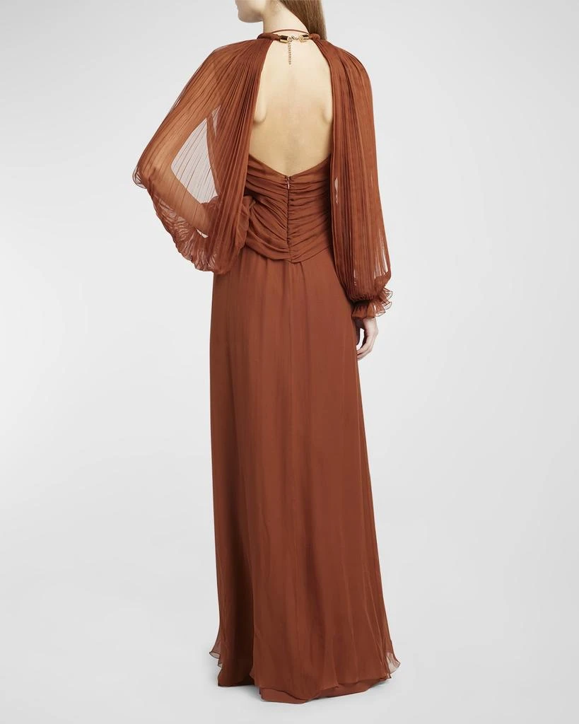 Alberta Ferretti Pleated Drape Long-Sleeve Organic Chiffon Gown 4