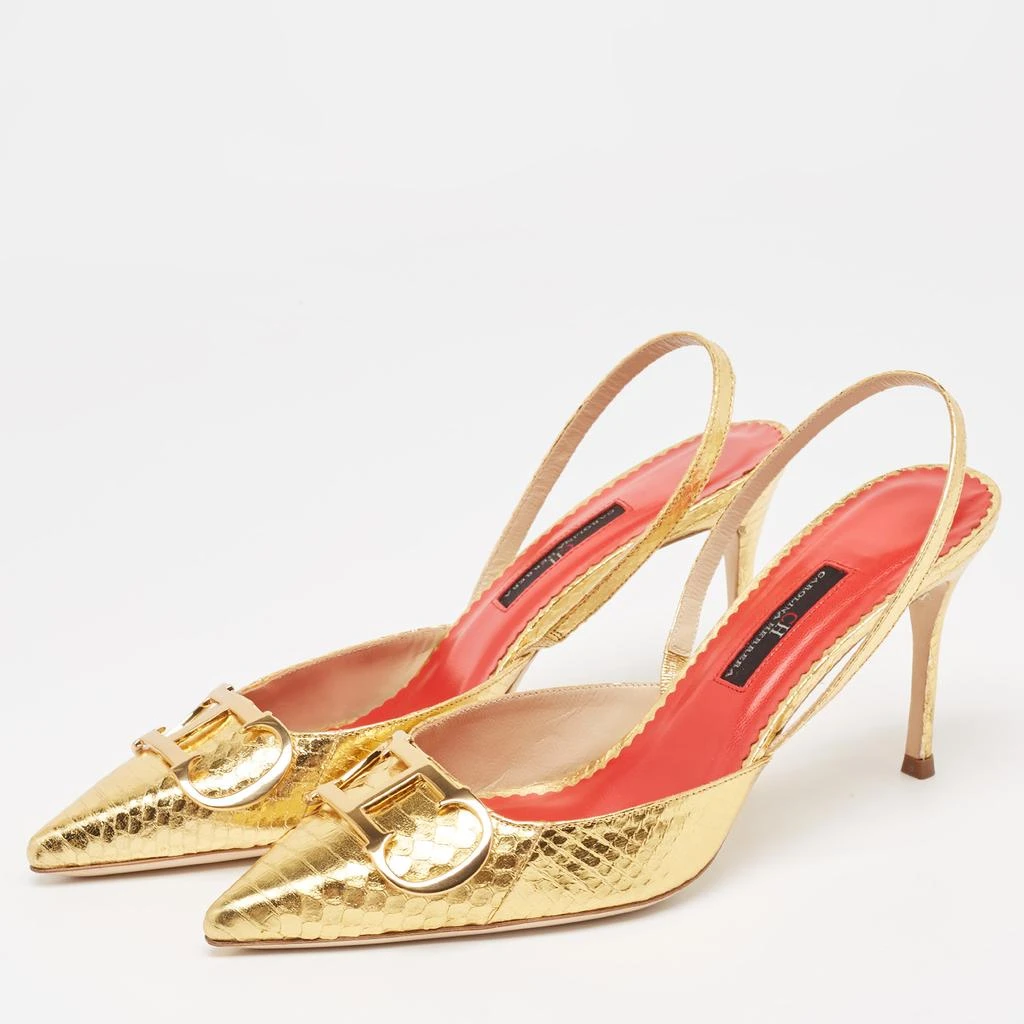 CH Carolina Herrera CH Carolina Herrera Metallic Gold Python Embellished Slingback Pumps Size 39 2