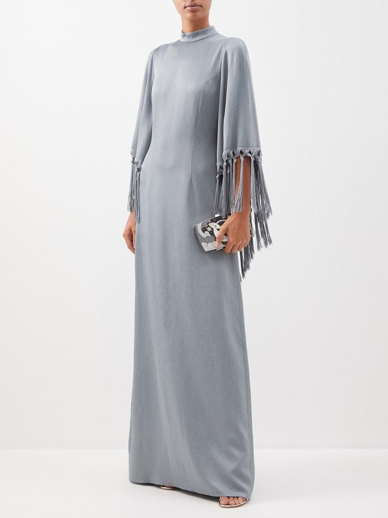 Andrew Gn Fringed-cape hammered-satin gown