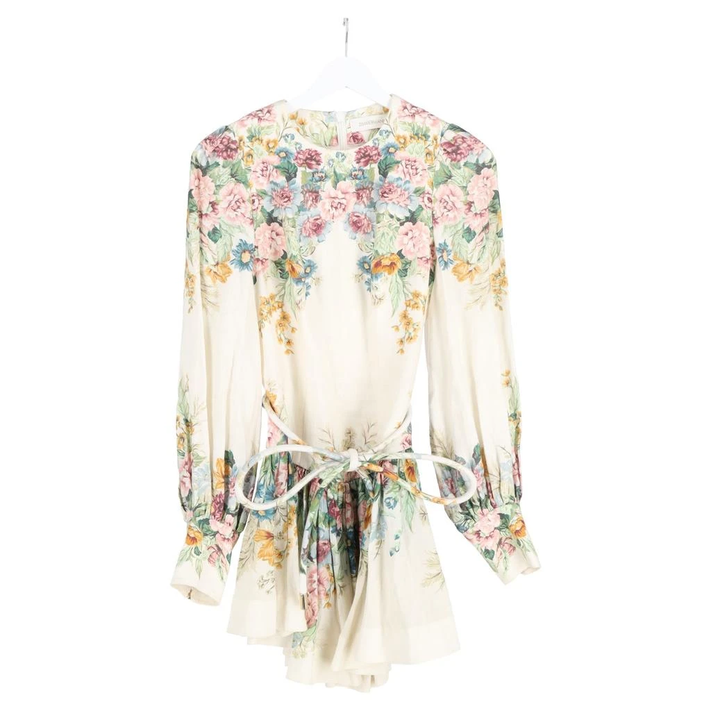 Zimmermann Floral Print Mini Belted Long Sleeve Dress in Multicolor Linen 4