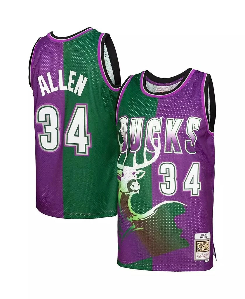 Mitchell & Ness Men's Ray Allen Green, Purple Milwaukee Bucks Hardwood Classics 1996-97 Split Swingman Jersey 1