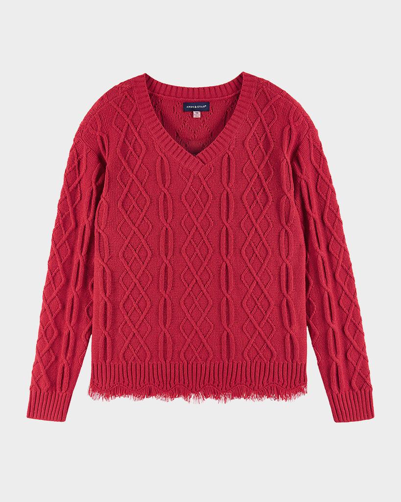 Andy & Evan Girl's Cable Knit V-Neck Sweater W/Frayed Edges, Size 7-16