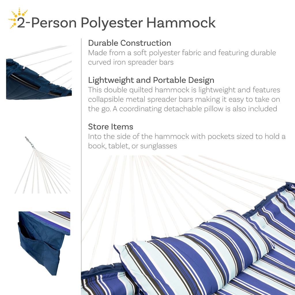 Sunnydaze Outdoor Quilted Double Hammock with Pillow and Curved Metal Spreader Bars