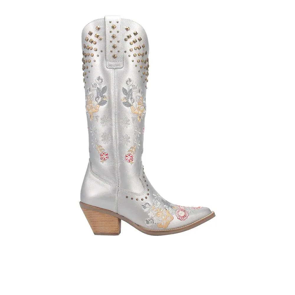 Dingo Poppy Floral Embroidered Metallic Studded Snip Toe Pull On Cowboy Boots