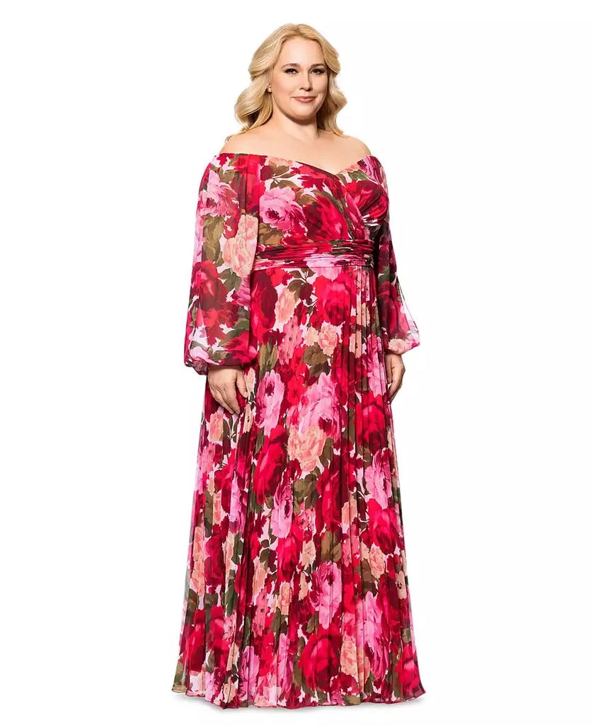 XSCAPE Plus Size Floral Off-The-Shoulder Pleated Gown 2