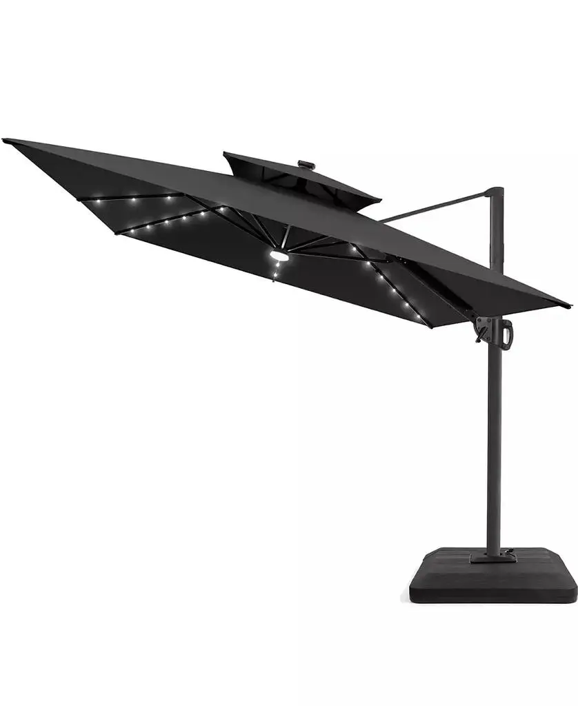 Pellebant Outdoor Patio 9x11FT Aluminum Double Canopy Solar Lights Cantilever Umbrella with Base
