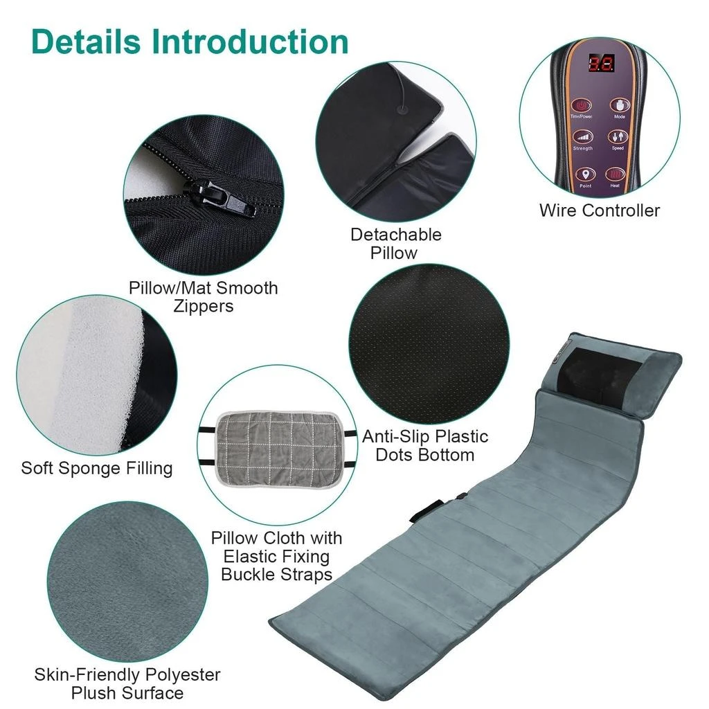 PROXXI Full Body Electric Massage Mat with Heat Vibration Massage Pad Cushion Back Massage Mattress Chair Pad with Neck Massage Pillow with 10 Vibration Motors Timer Anti-Slip Bottom Earplugs 5
