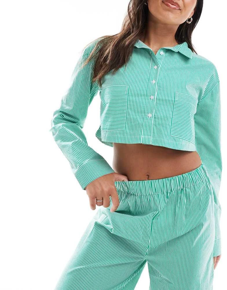 Luna Luna oversized cropped pyjama shirt co ord in green stripe 4
