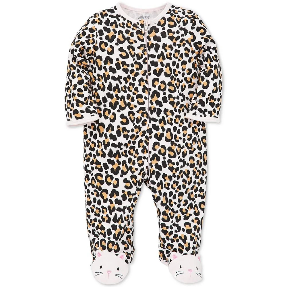 Little Me Baby Girls Animal Print Footed Coverall With Cat Applique 1