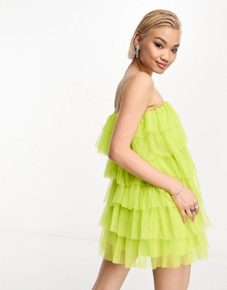 Extro & Vert Extro & Vert mini cami dress in tiered chartreuse tulle 2