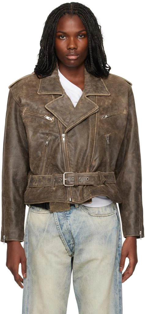 R13 Brown Exaggerated Shoulder Motorcycle Leather Jacket 1