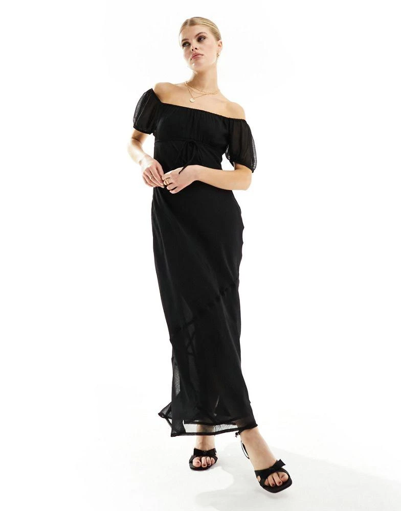ASOS ASOS DESIGN textured chiffon bardot milkmaid bust midi dress with seam detail in black 1