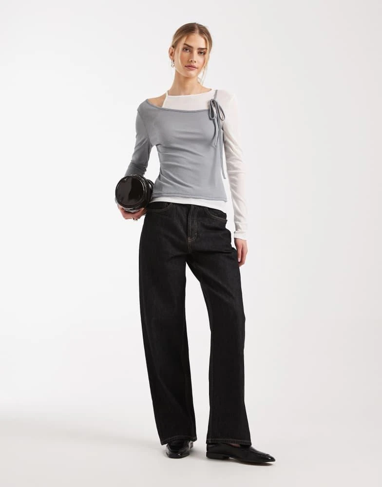 ASOS ASOS DESIGN ribbed long sleeve double layer top with tie details in cream and grey 2