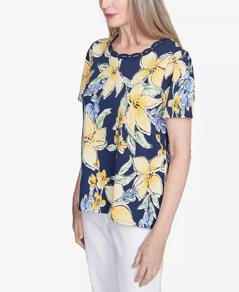 Alfred Dunner Petite  Navy Floral Braided Crew Neck Top 4