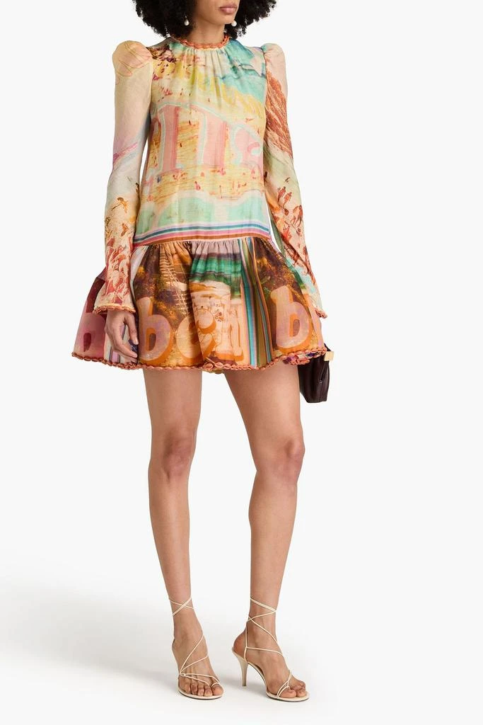 Shell-embellished printed linen and cotton-blend gauze mini dress Shell-embellished printed linen and cotton-blend gauze mini dress