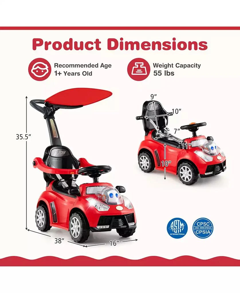 SUGIFT 3-in-1 Push Car for Toddler Sliding Car with Seat Belt and Canopy 4