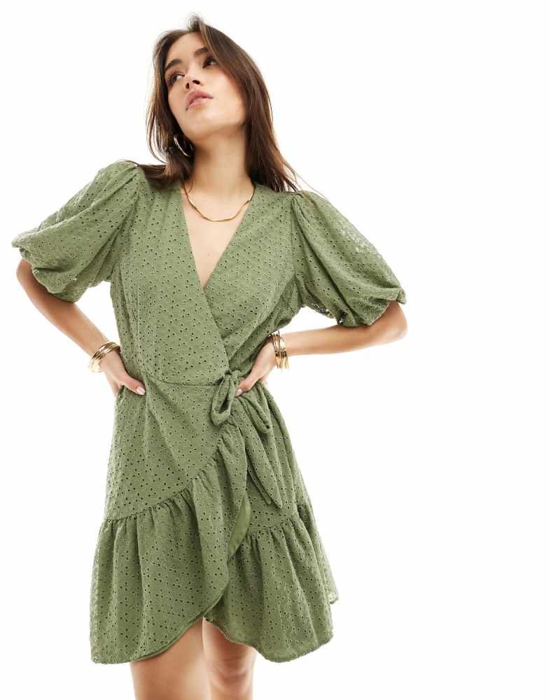 Y.A.S. YAS broderie wrap mini dress in green  - KHAKI
