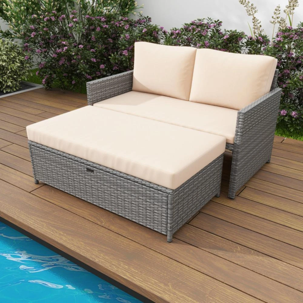 Hivvago Outdoor Rattan Daybed Wicker Loveseat and 31 Gallon Storage Ottoman-Brown 2