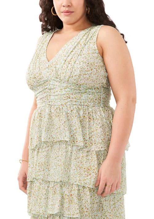 1 state ruffle midi dress 1.STATE Women's Plus Size Sleeveless Cascading Ruffle Midi Dress, Blue, 14W